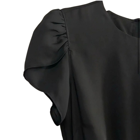 H&M Women's Black Midi Dress Size 4 Cinched Waist Puff Sleeve Button Back - Picture 3 of 10